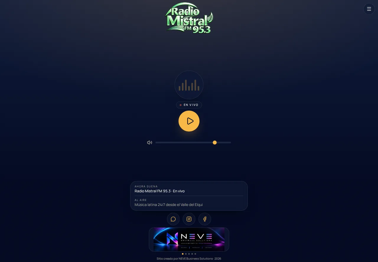 Sitio web de Radio Mistral FM 95.3 de Vicuña, con su reproductor propio y las secciones de programas y locutores
